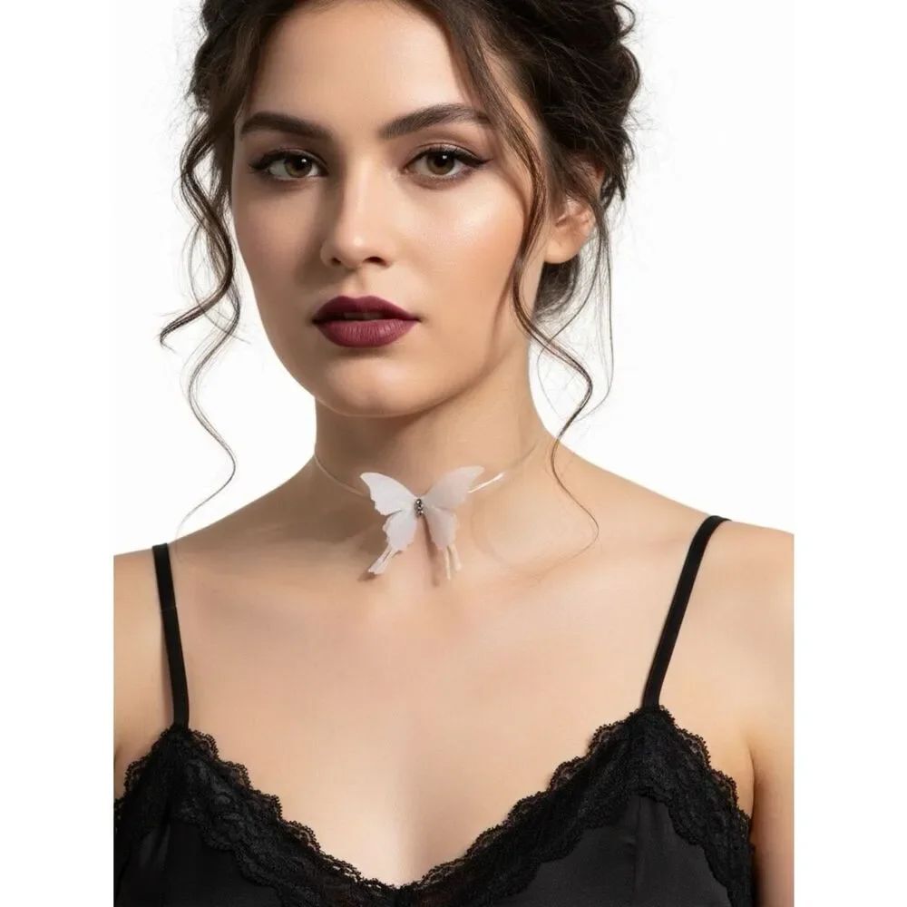 White Butterfly Glitter Choker Necklace Whimsigoth Fairycore NWT
